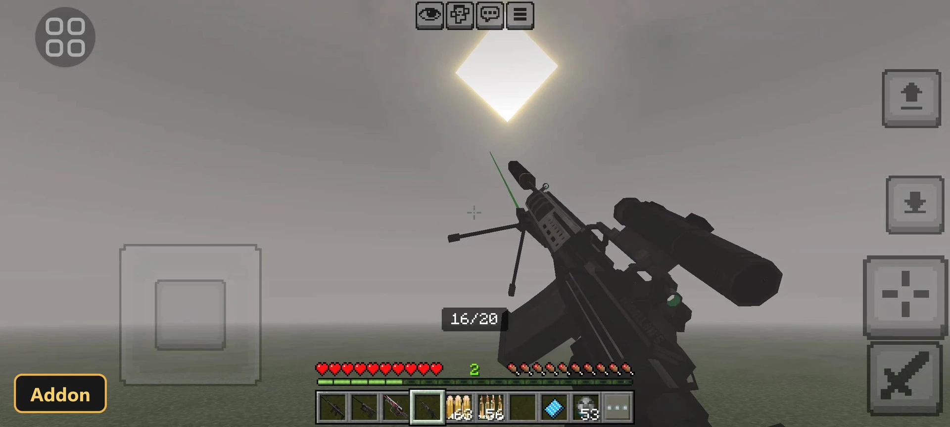 first-person view of a sniper rifle, foggy sky, bright sun