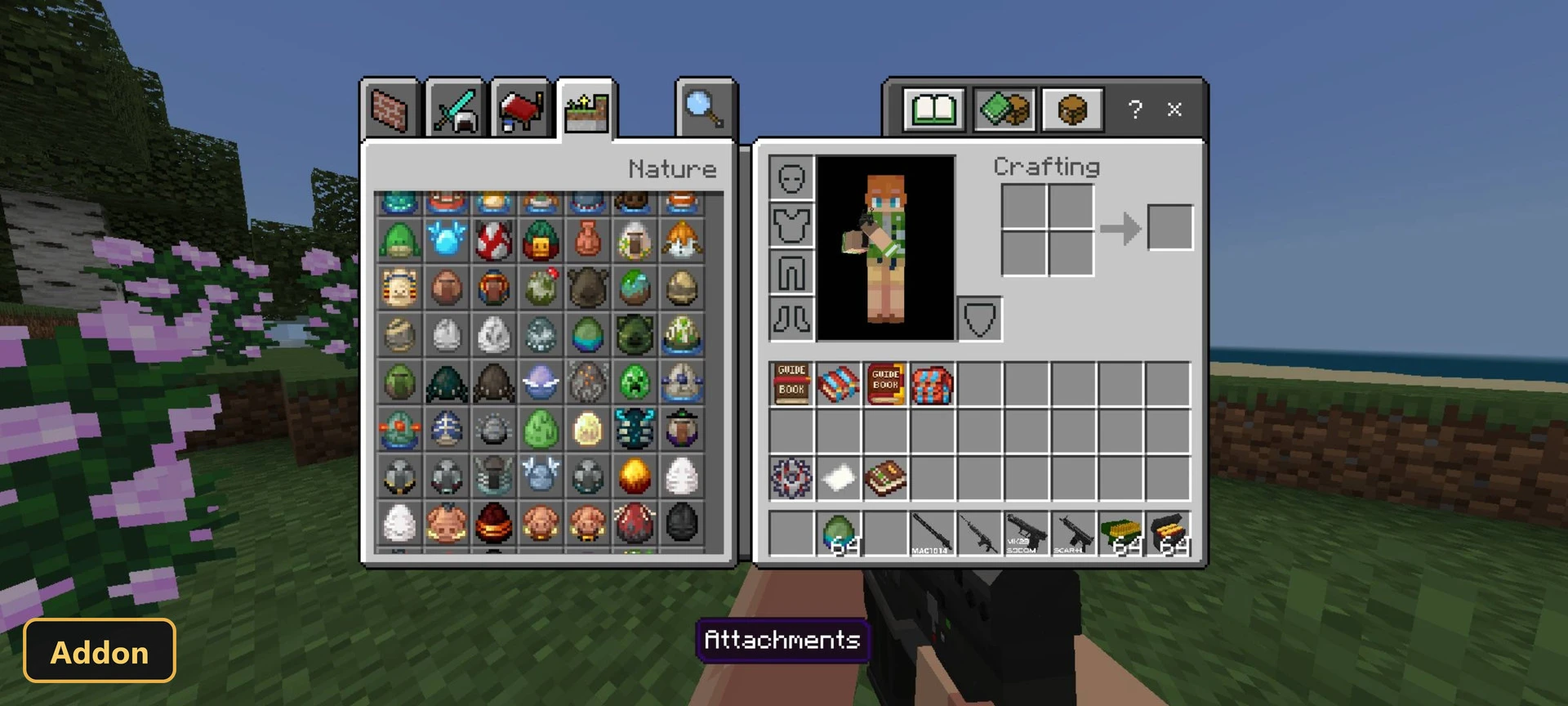 inventory screen showing weapons and attachments in a forest biome
