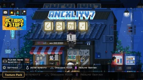 pixel art main menu, Japanese street scene at night
