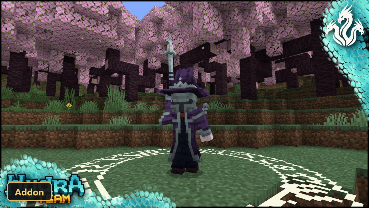 player character in purple wizard robes under pink blossom trees