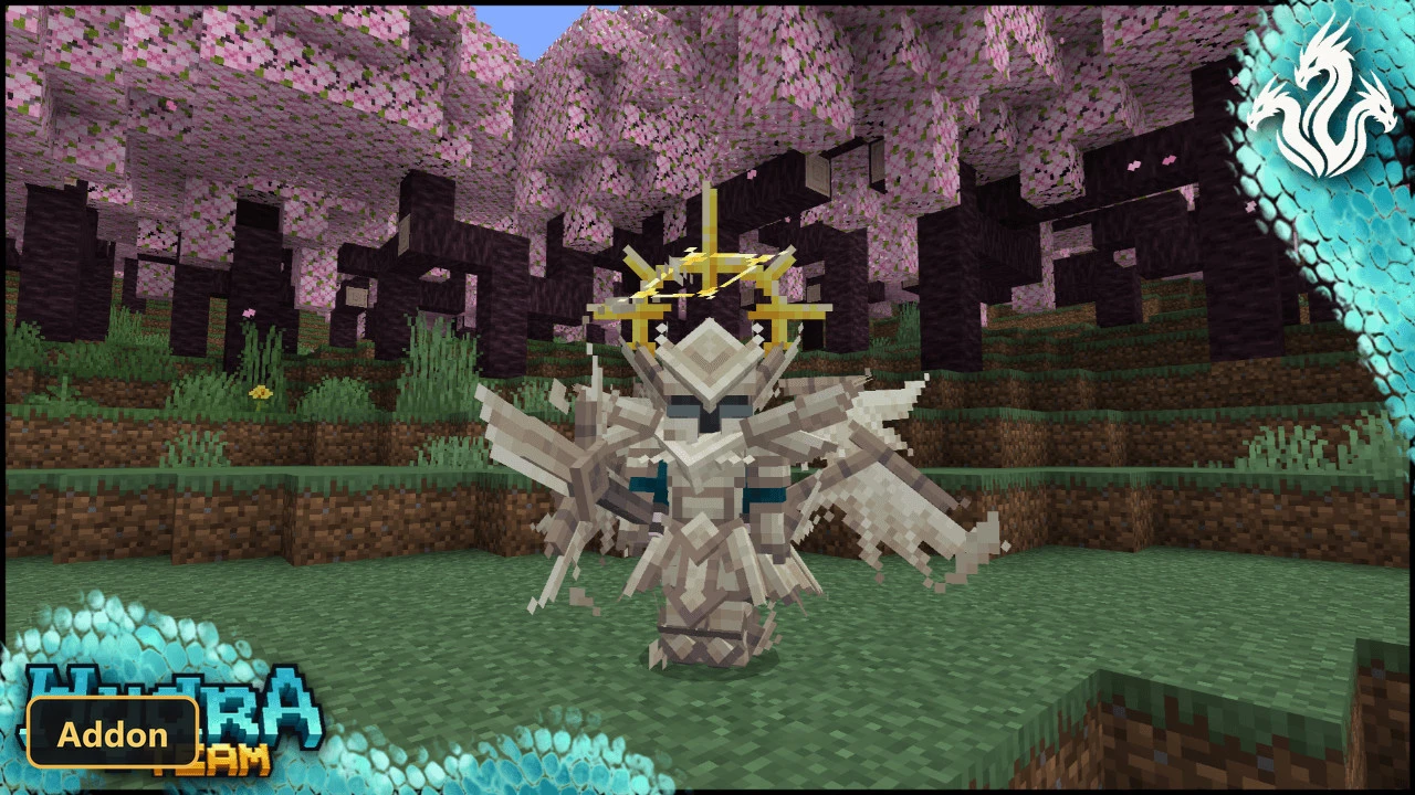 player character in winged white armor under pink blossom trees