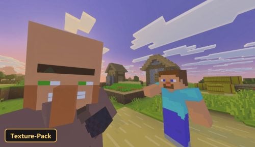 Villager and Steve in a village with stylized sky and clouds