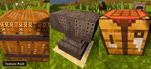 three custom blocks in a grassy field, including an anvil