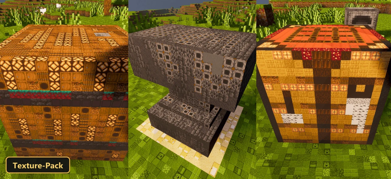 three custom blocks in a grassy field, including an anvil