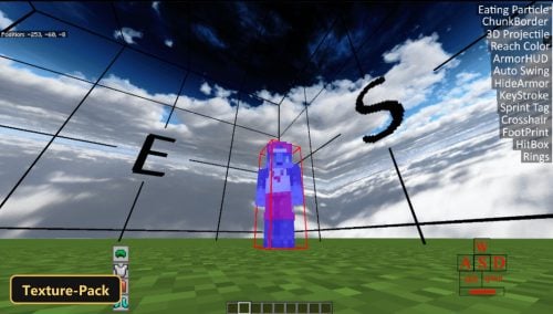 player model with red hitbox outline, grid lines, and cloudy sky