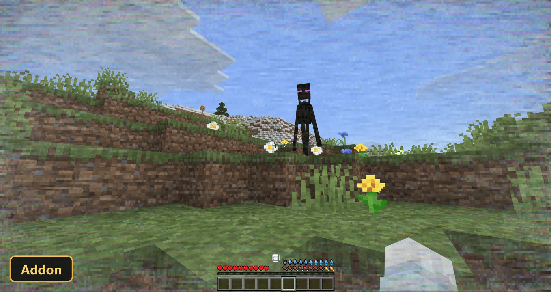 grassy hills, enderman, yellow and blue flowers, cloudy sky