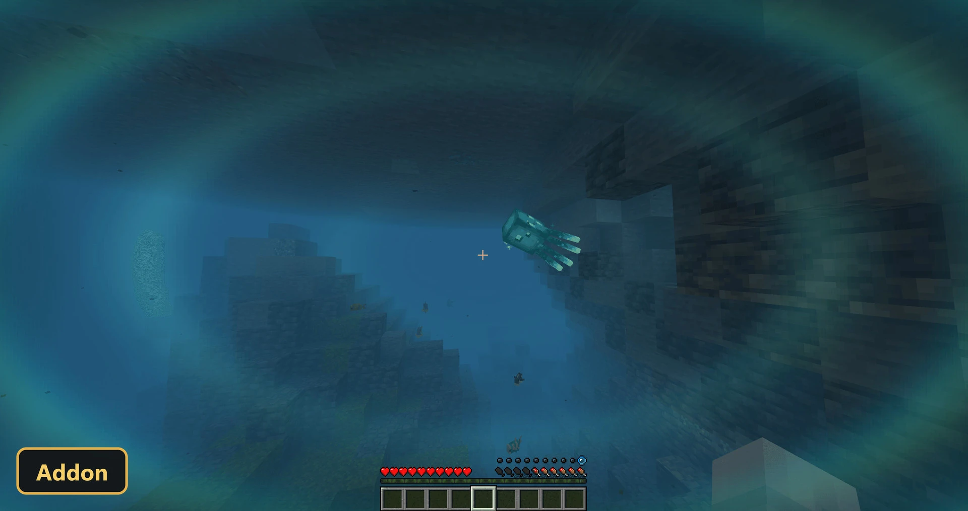 underwater scene, glow squid, deep ocean, murky blue water
