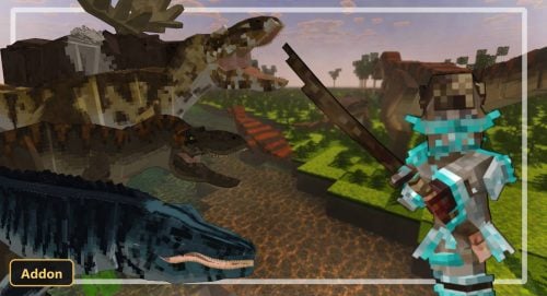 player fighting dinosaurs in a jungle river biome at sunset