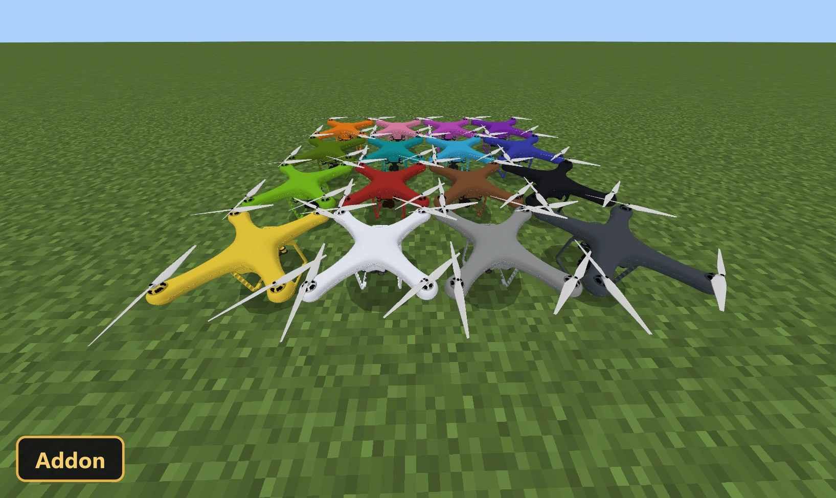 multiple colored drones on a flat grass plain, daytime
