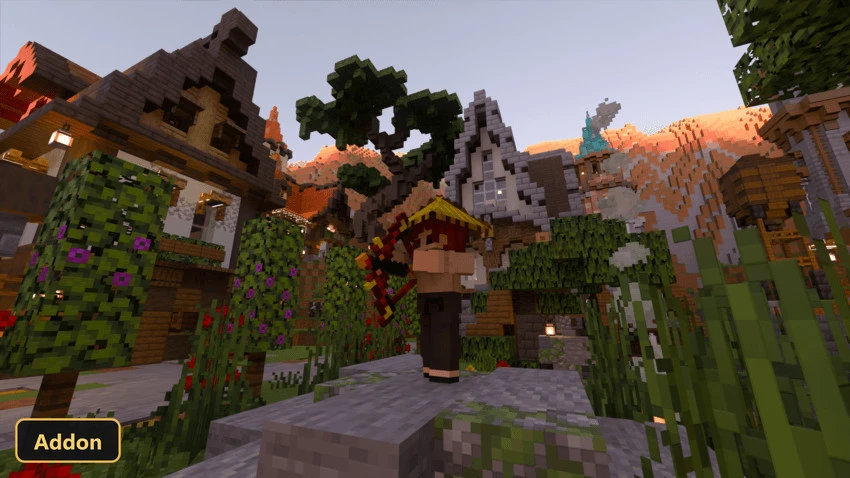 character with straw hat and bow in a medieval village