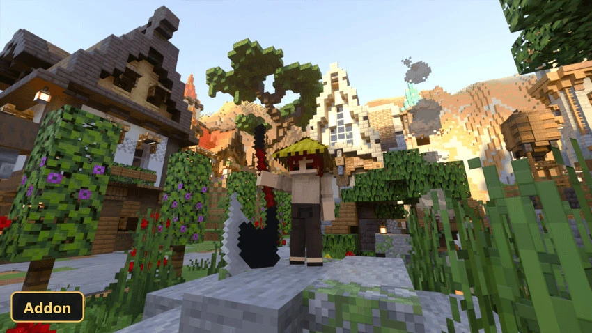 character with straw hat and a large axe in a medieval village