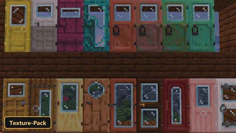 two rows of various custom doors, some with windows