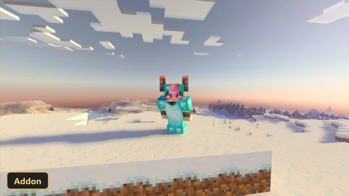 player wearing diamond armor with horned helmet stands on a snowy block, winter biome