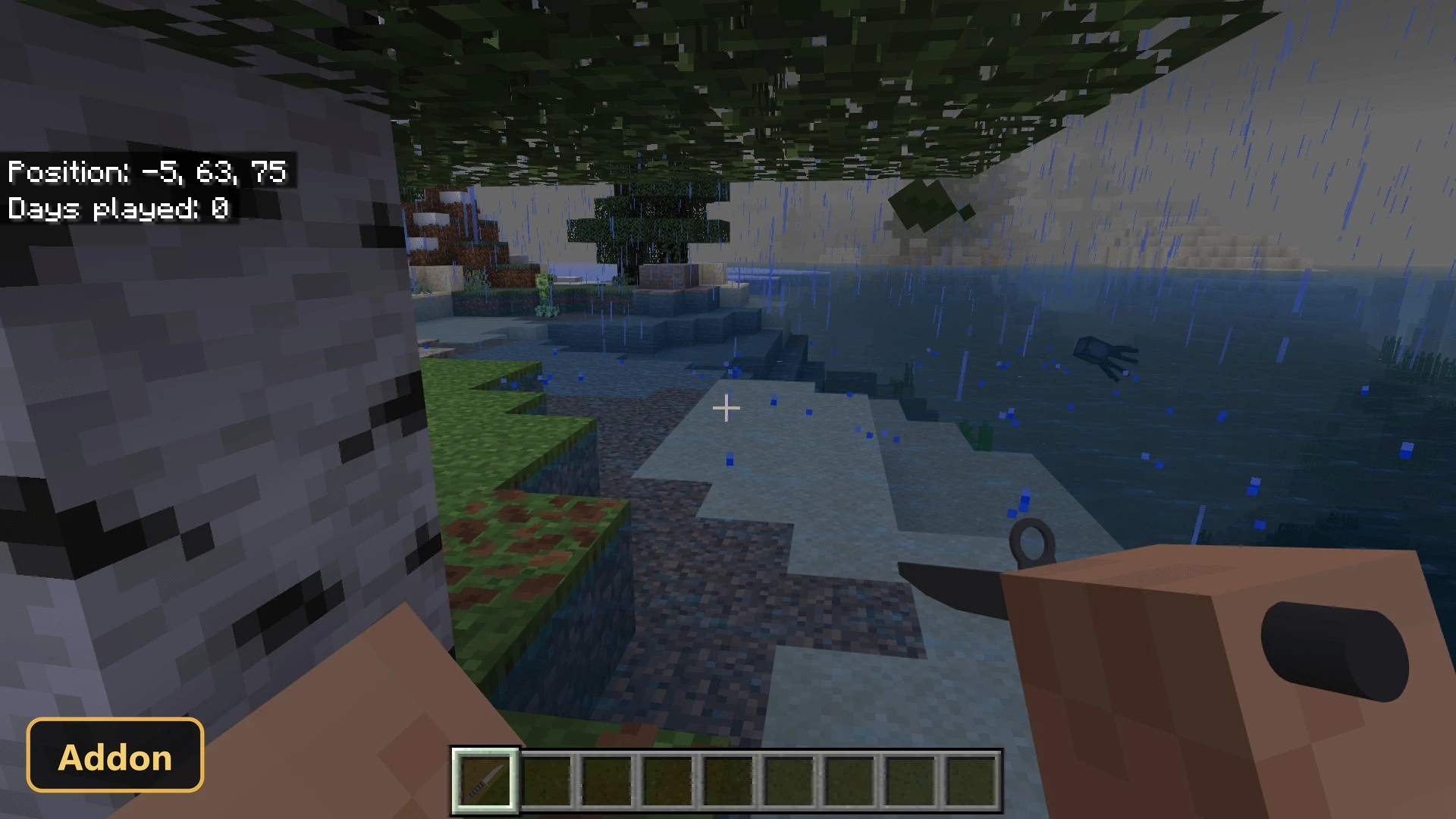 beach biome, rain, first-person view holding a knife, tree and water