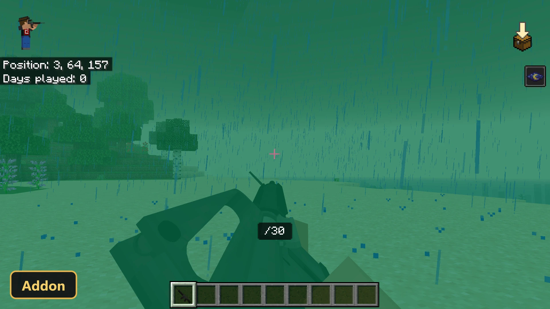 beach biome, rain, first-person view aiming a rifle, green overlay