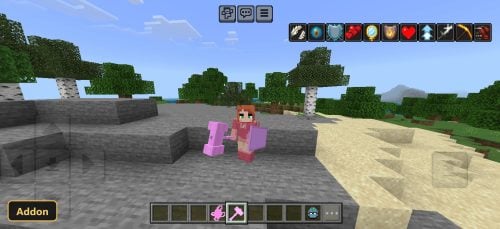 female character skin with pink armor and hammer on a stony beach