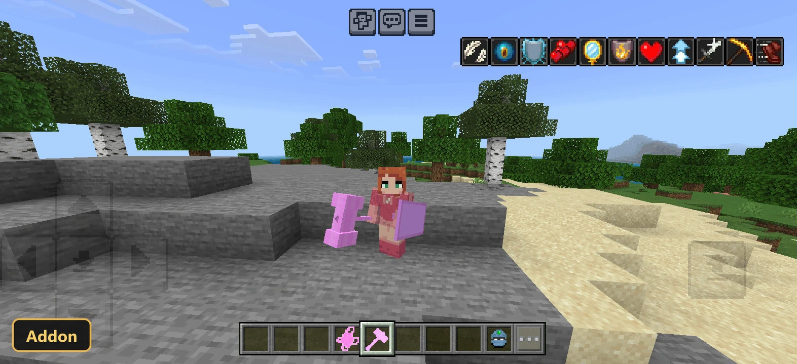 female character skin with pink armor and hammer on a stony beach