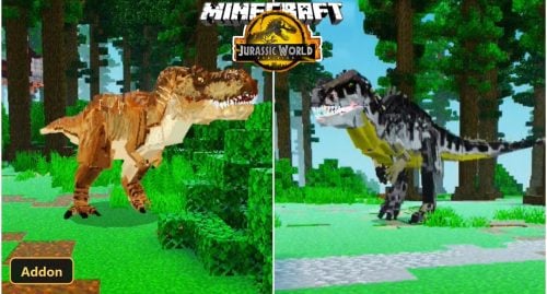 Two dinosaurs, T-Rex and Spinosaurus, in a lush jungle biome