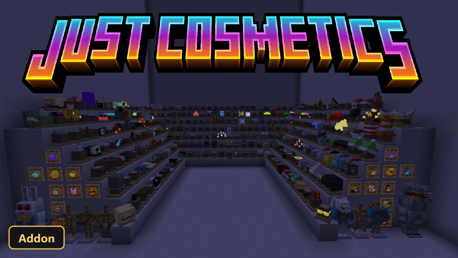 large indoor display of many cosmetic items and armor stands, nighttime