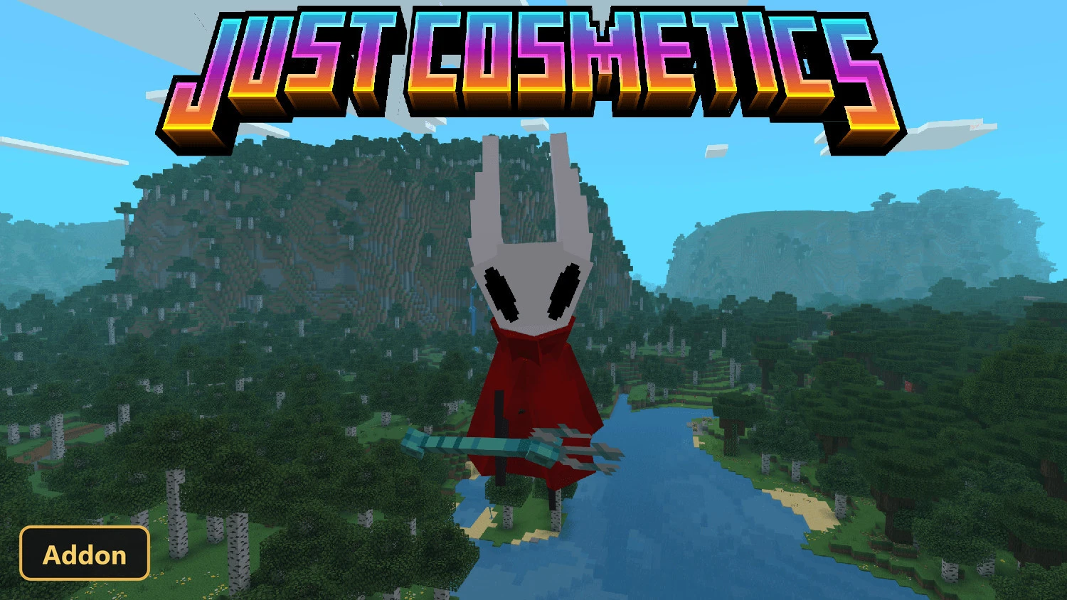 character with white mask and red cloak flying over a forest river