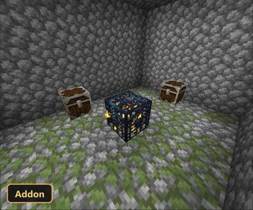 dungeon with cobblestone walls, mossy floor, two chests, and a spawner