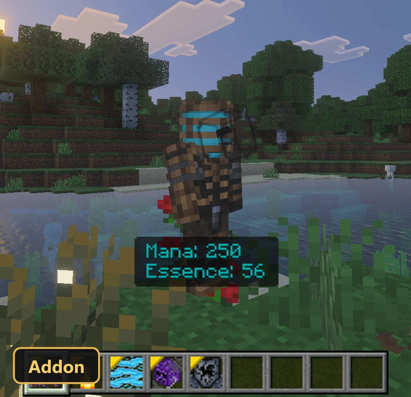 player character in a forest biome near water, sunset lighting