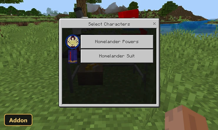 Homelander power and suit selection menu on a grassy landscape