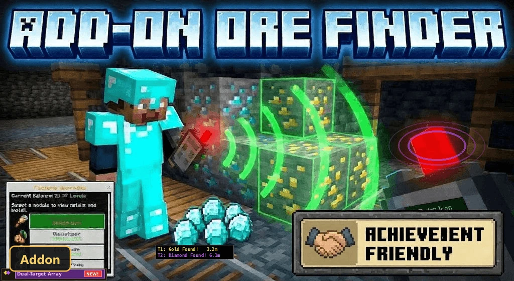 player with ore finder in a mine, showing interface and effects