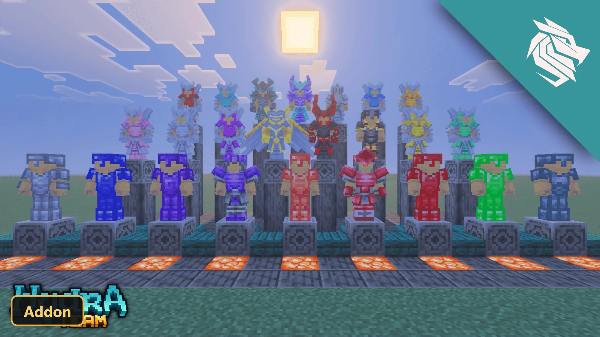 various fantasy armor sets displayed on pedestals at daytime