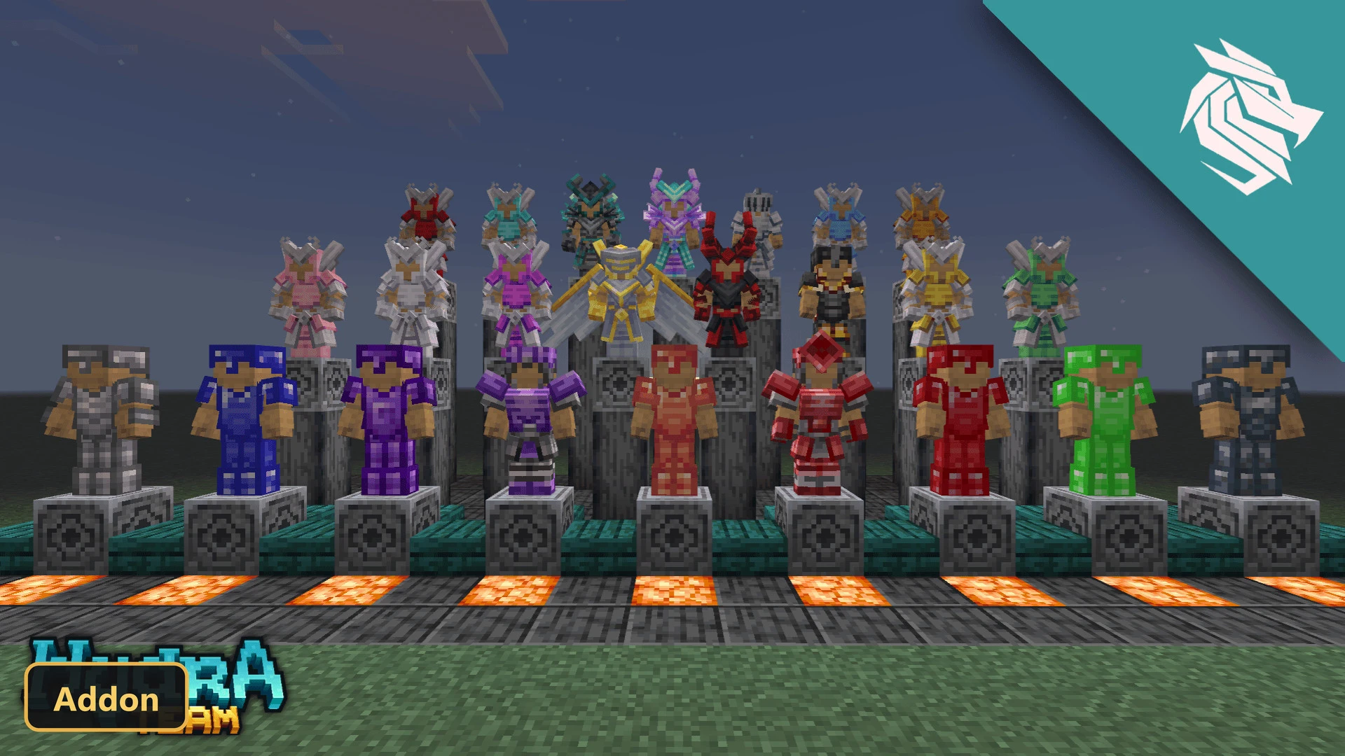 various fantasy armor sets displayed on pedestals at night