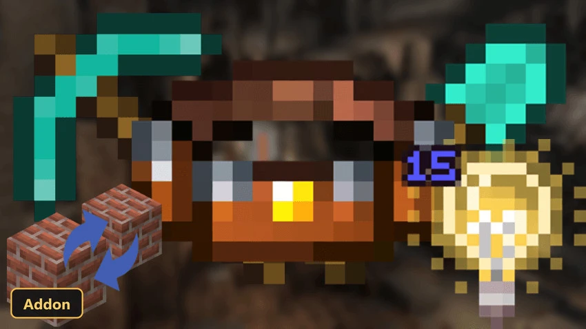 various items including a pickaxe, shovel, light, and backpack