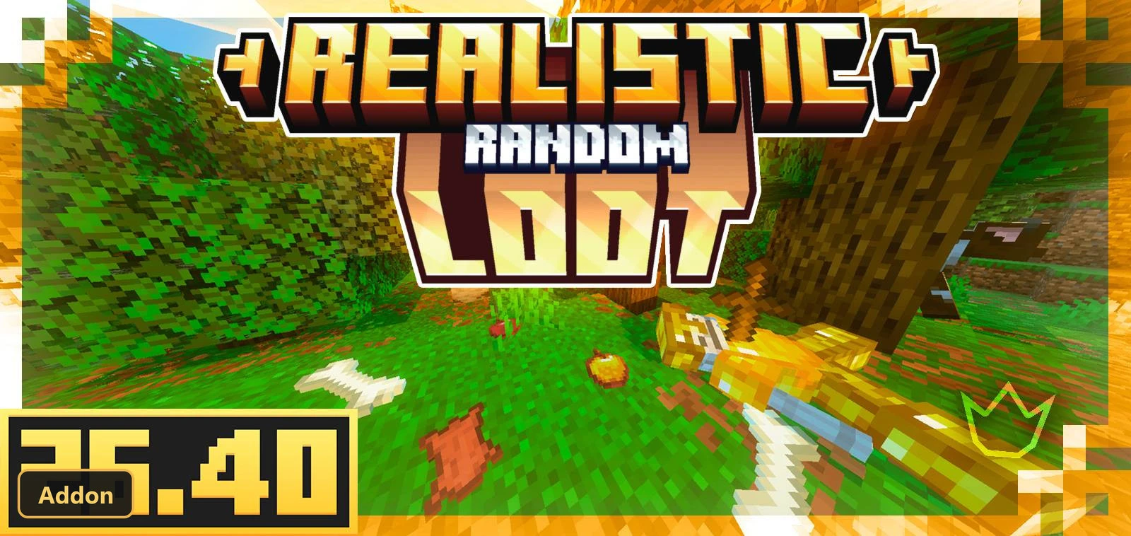player in forest, golden sword, dropped items, cow in background