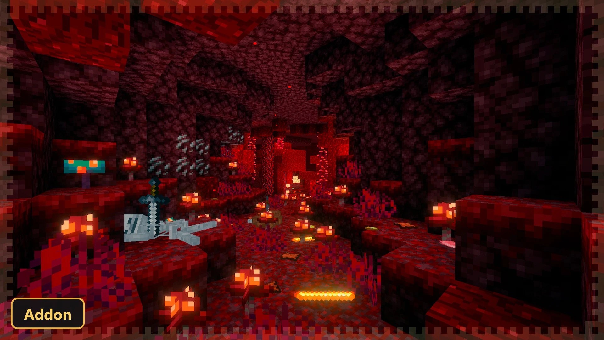 lush cave, wooden path, dropped crossbow, chest, glowing berries