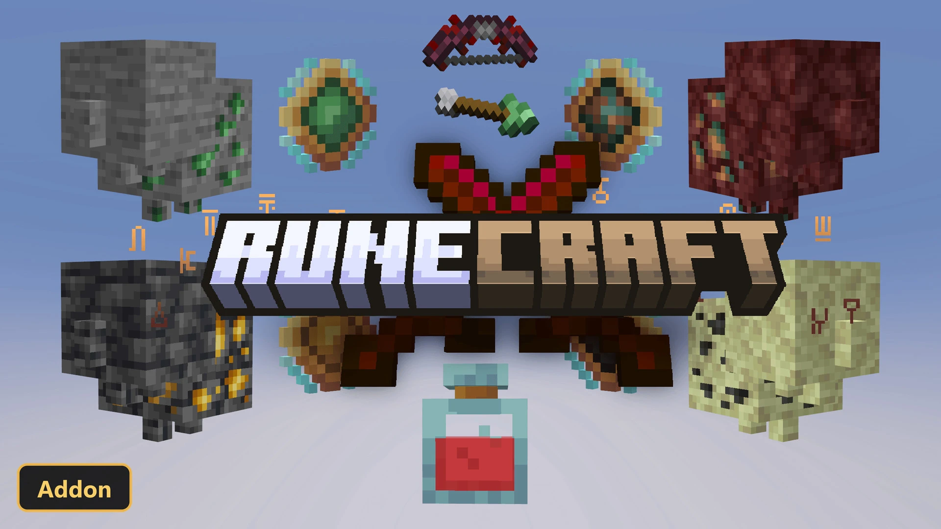 various blocks, items, and a potion surrounding a title card
