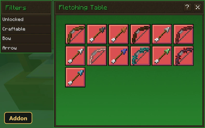 a fletching table menu showing different bows and arrows