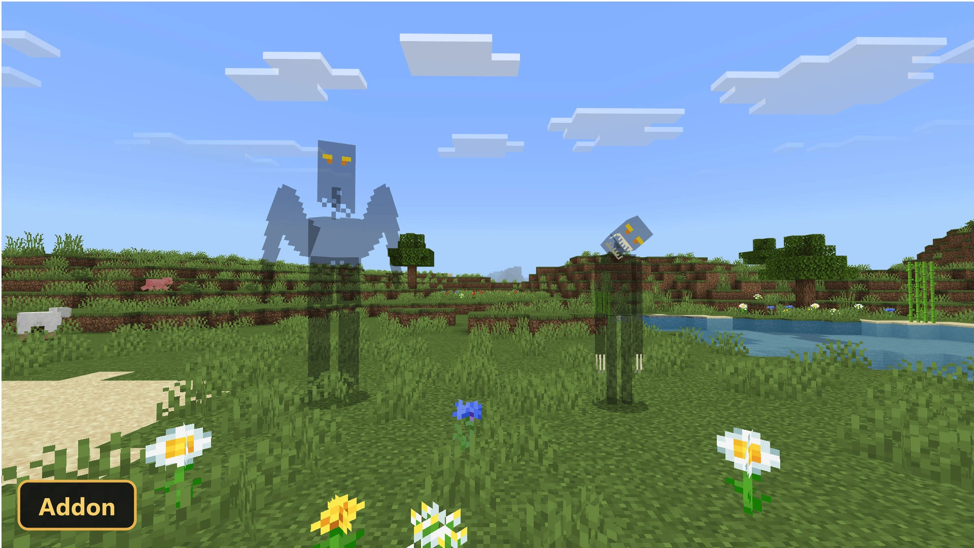 two translucent, ghostly figures in a grassy field with flowers