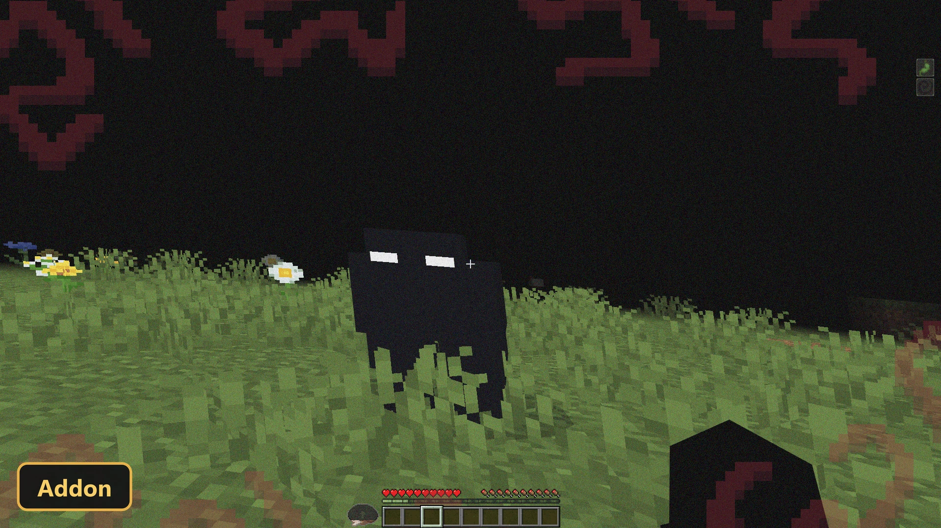 a dark, shadowy monster with white eyes in a grassy field