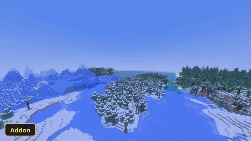 snowy taiga biome with frozen water and distant mountains