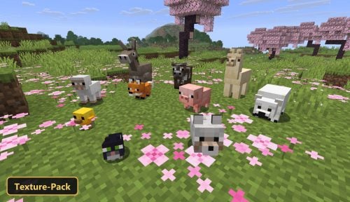 various passive mobs in a cherry grove with pink petals on grass