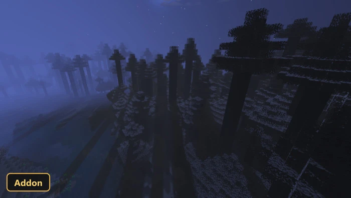 dark, foggy forest with tall trees and water, starry night