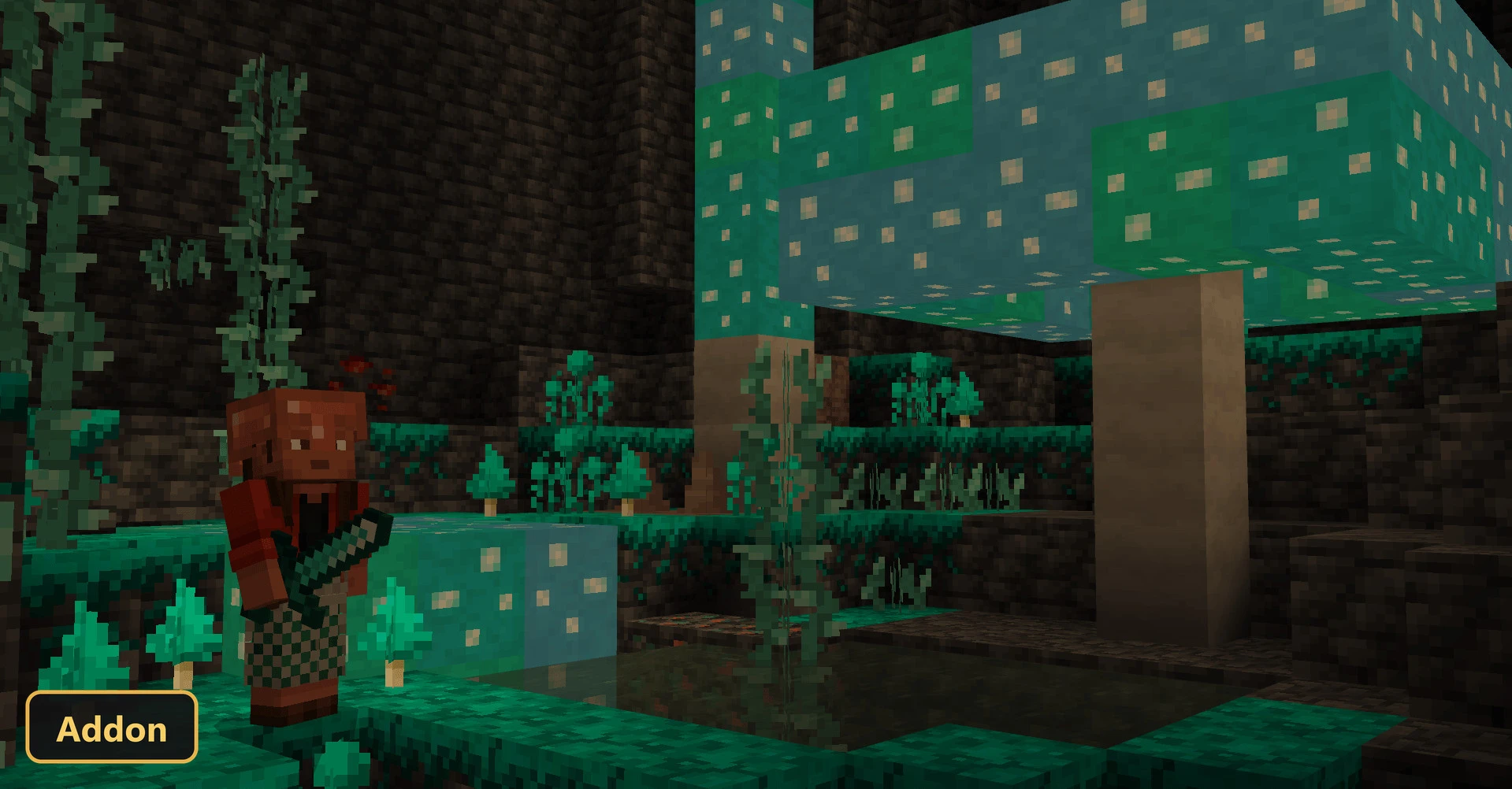 player in a dark cave with glowing blue mushrooms