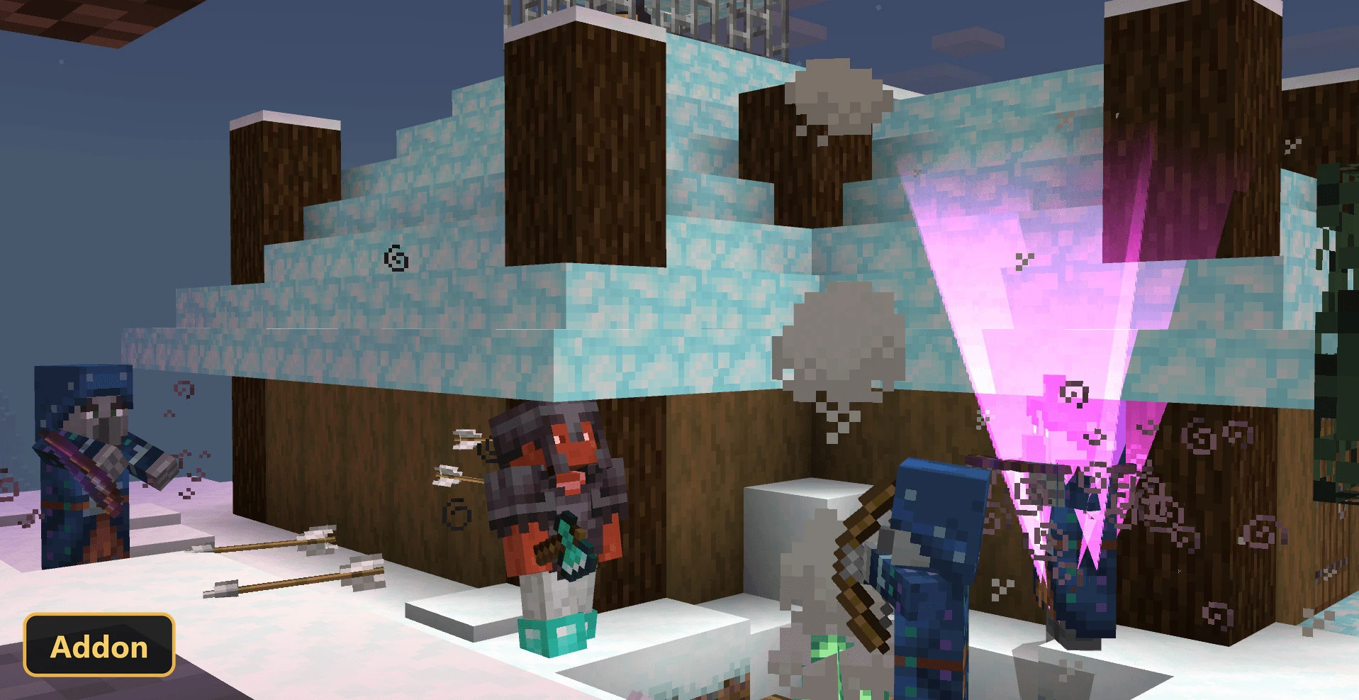 player fighting enemies in a snowy biome with magic effects