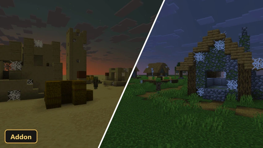Two split scenes: a ruined desert village and a dark, overgrown village