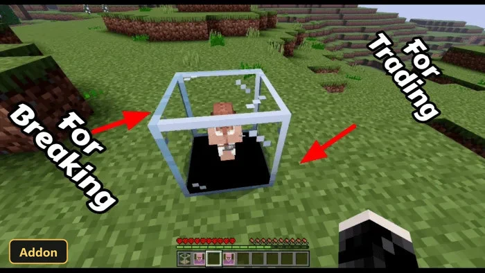 a villager minion in a glass block for breaking or trading