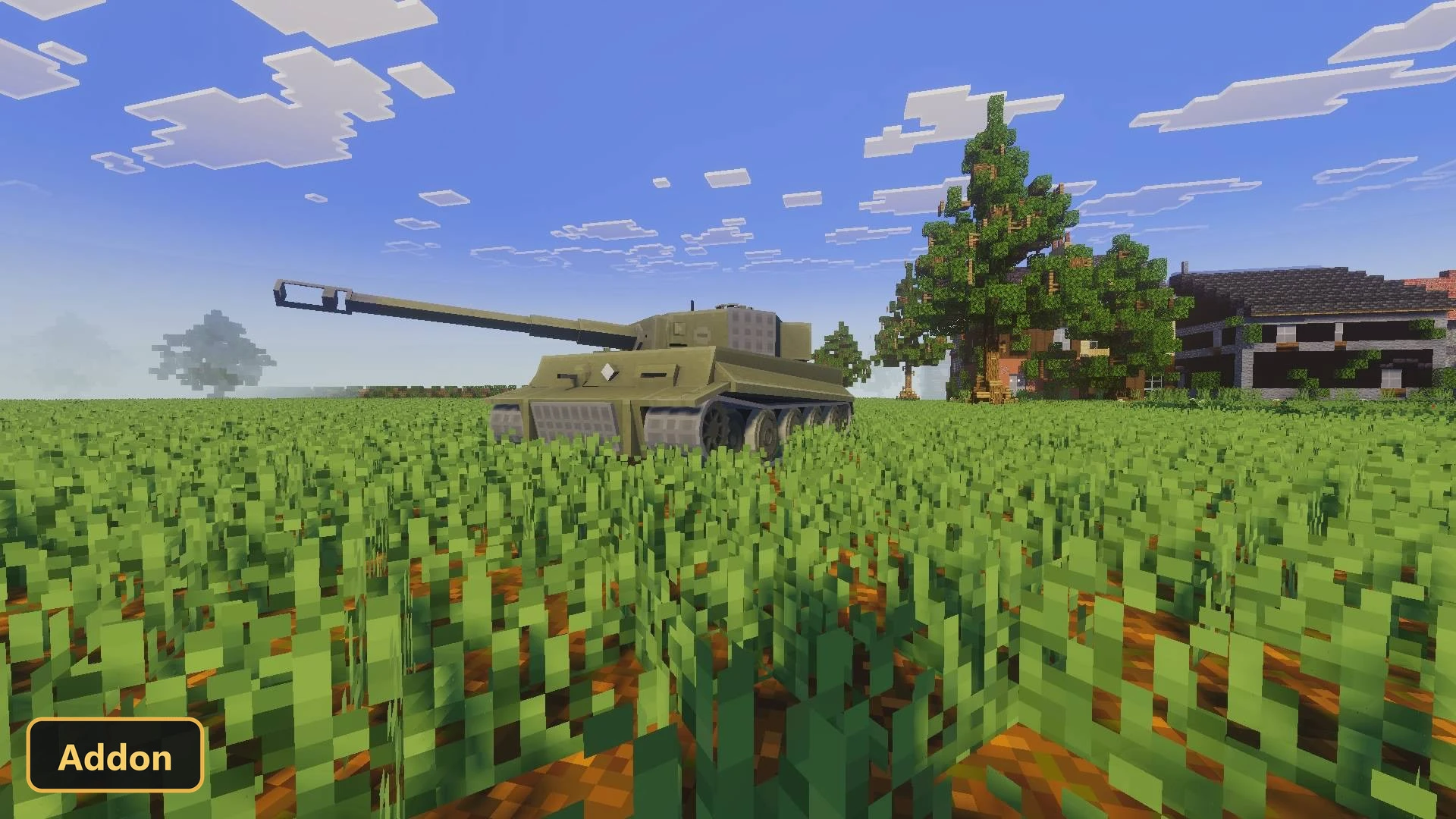 a large green tank in a field of tall grass