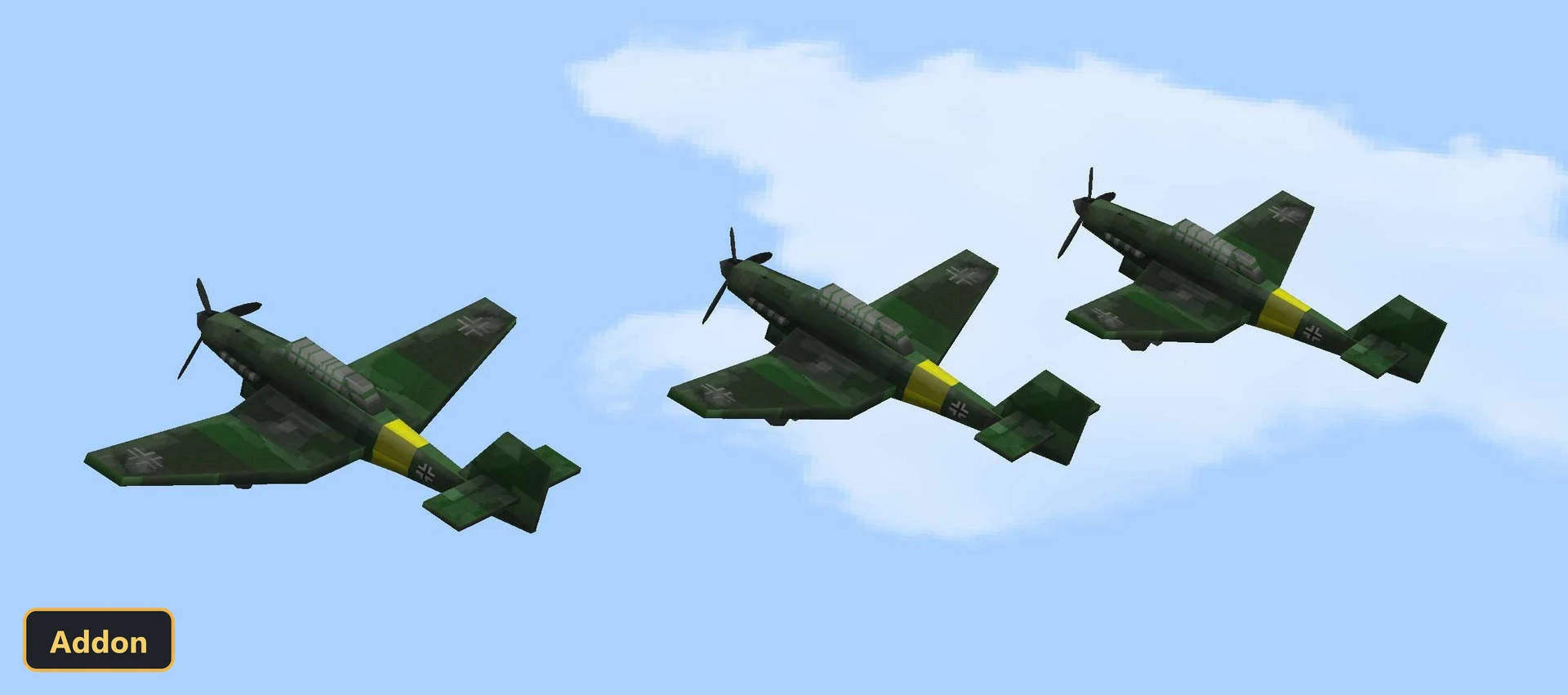 three green airplanes with yellow markings flying in the sky
