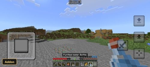 village scene, holding purified water bottle, copper ore on ground