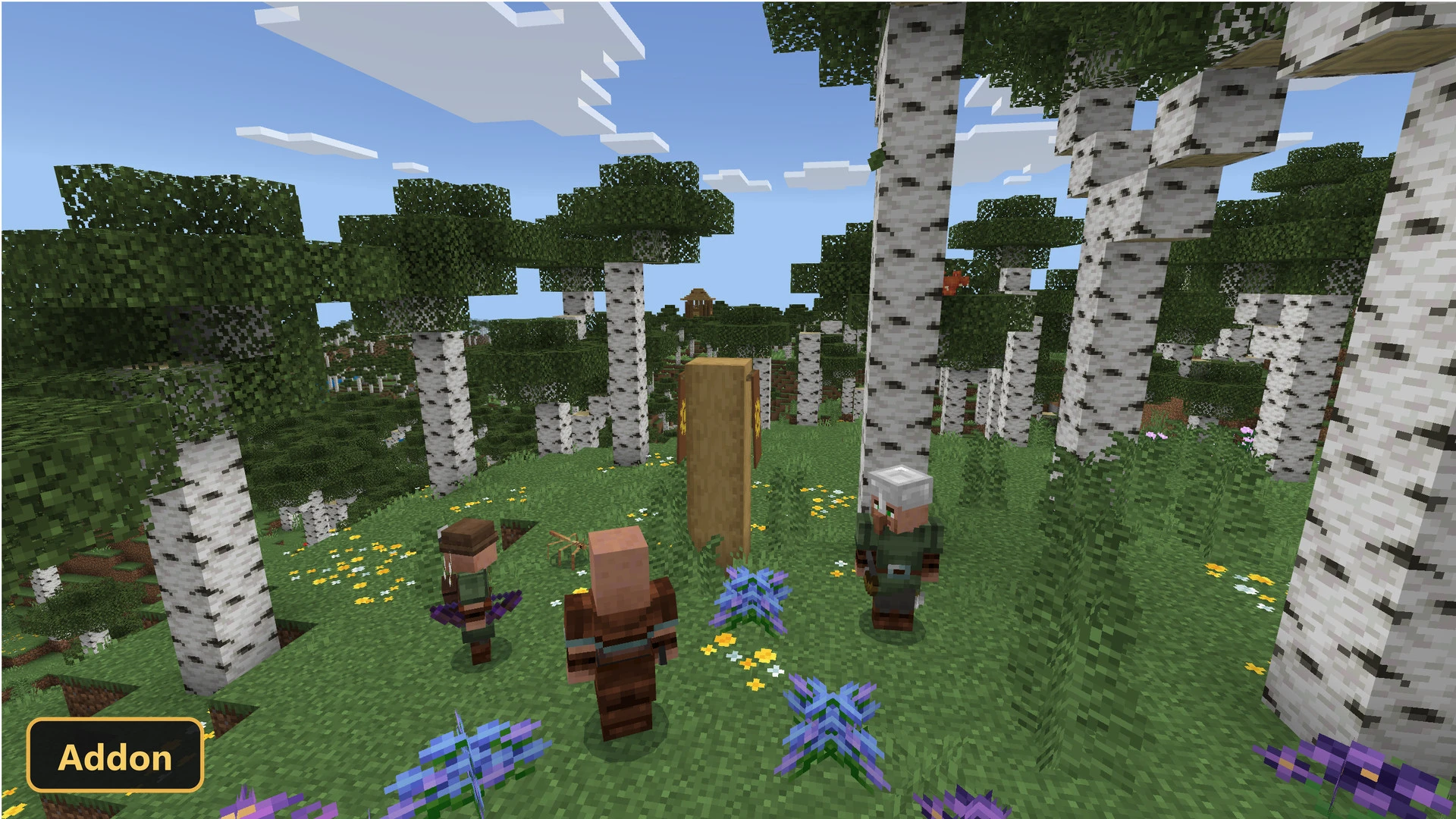 three villagers and a wooden mob in a birch forest