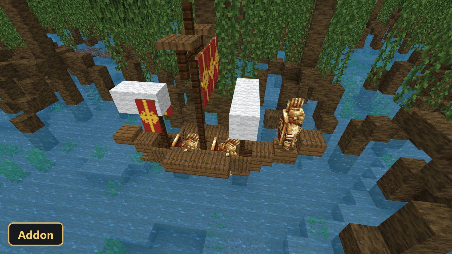 small boat with golden armor in a swamp