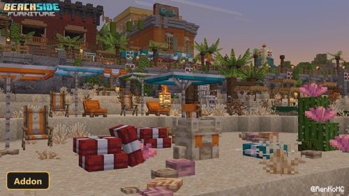 beach scene with chairs, umbrellas, and decorative items
